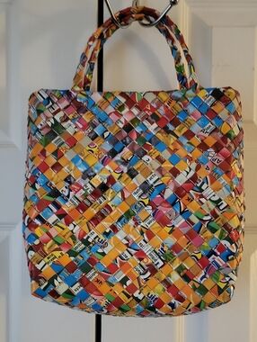 Multicolor Handmade Woven Recycled Candy Wrappers Tote Bag - Eco Chic Carryall.